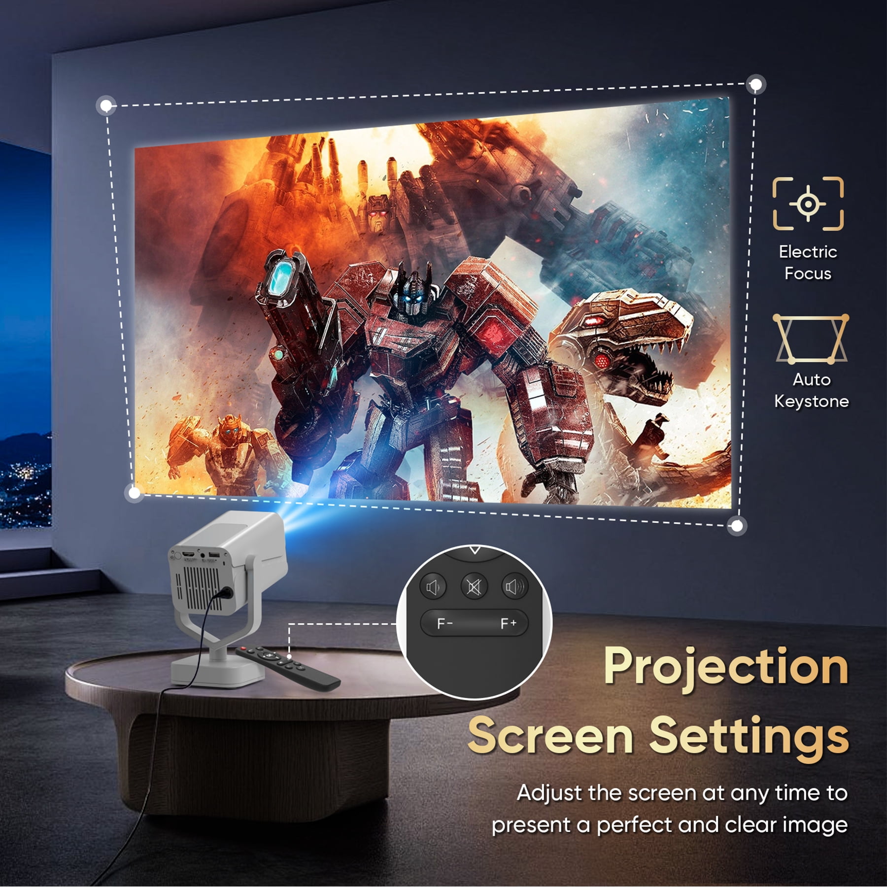 GCZ Projector with WiFi and Bluetooth, 1080P Support, Auto Keystone Electric Focus, Portable Projector for Phone/TV Stick