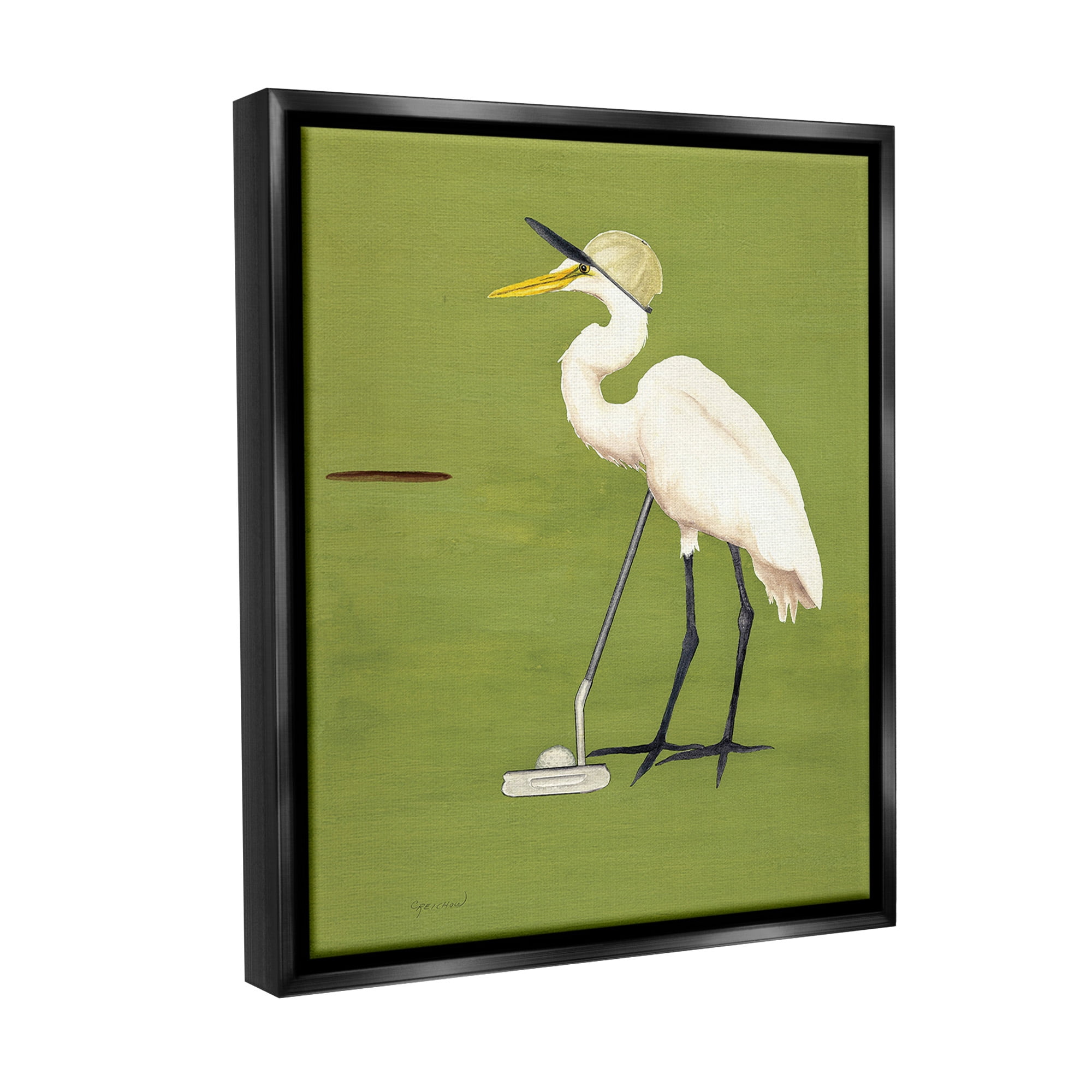 Stupell Industries Golfing Heron Bird Animals & Insects Painting Black Floater Framed Canvas Art Print Wall Art, 25 x 31