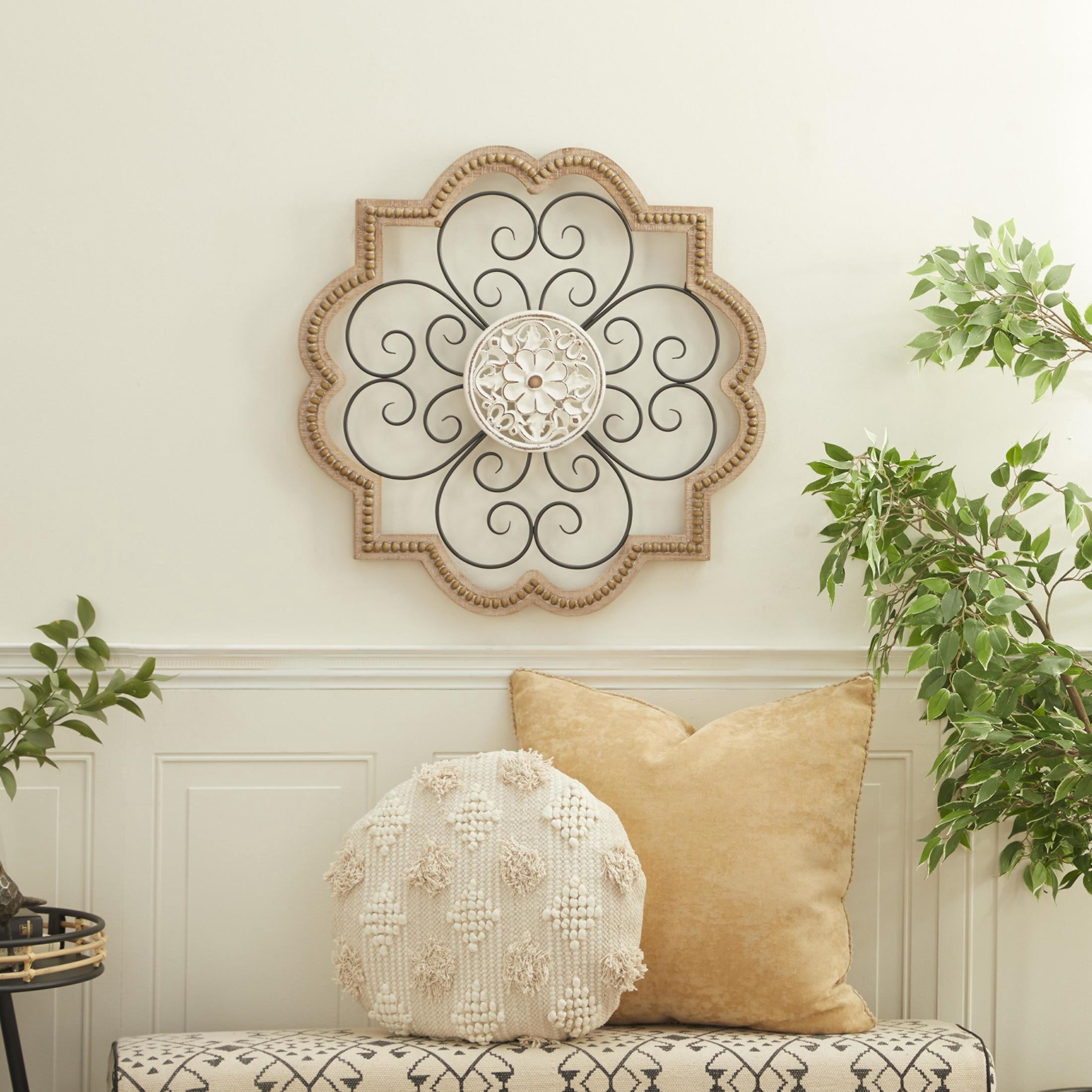 DecMode Brown Wooden Carved Beading Scroll Wall Decor with Metal Accents