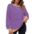 thumbnail image 2 of Fanxing Sweatshirt for Women Striped Color Block Striped Patchwork Crop Tops Crewneck Long Sleeve Preppy T Shirts Loose Fit Blouses Purple,L, 2 of 5