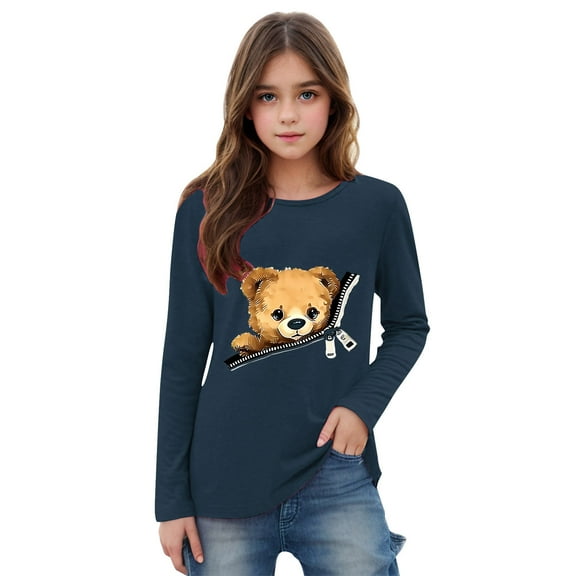 Piuwrlz Girls Long Sleeve T-Shirt Kids Cotton Shirts Printed T Shirt Tops Navy Size 4 Years
