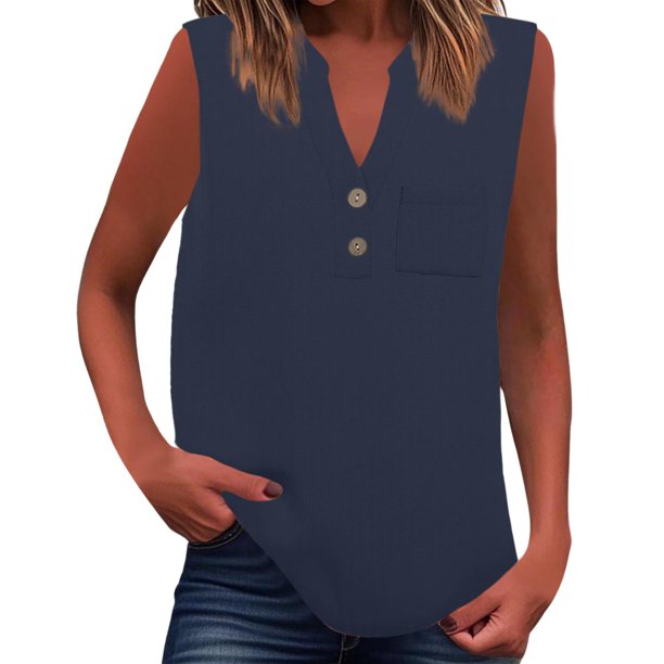 Camiseta sin mangas de verano para mujer, corte holgado, plisada, cuello en V, sin mangas, fluida, informal