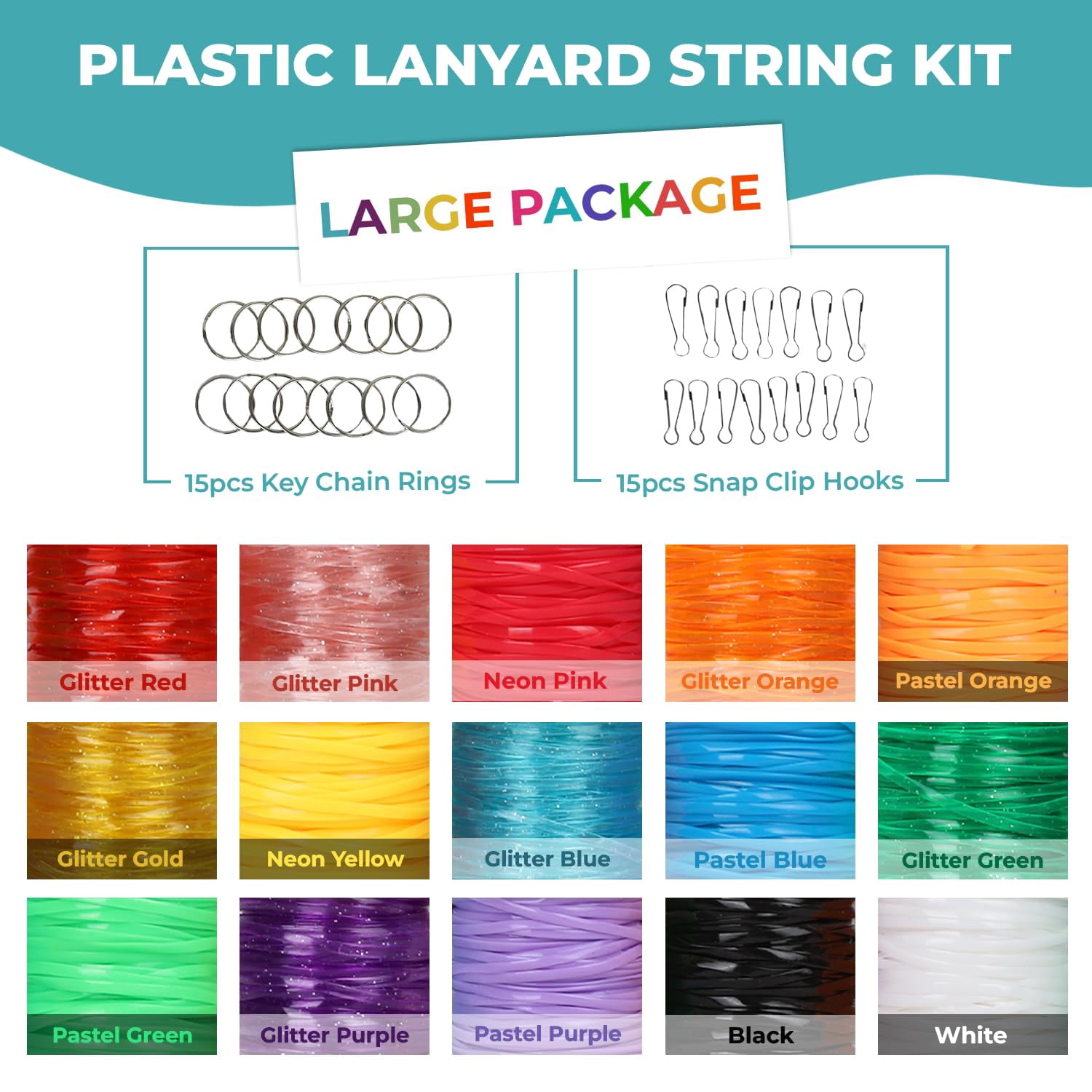 Darice Lanyard Kit - 15 Pack Plastic Gimp String With Assorted Colors - Glitter and Solid Boondoggle for Weaving - Lacing Cord for Bracelets, DIY Keychains, Crafts