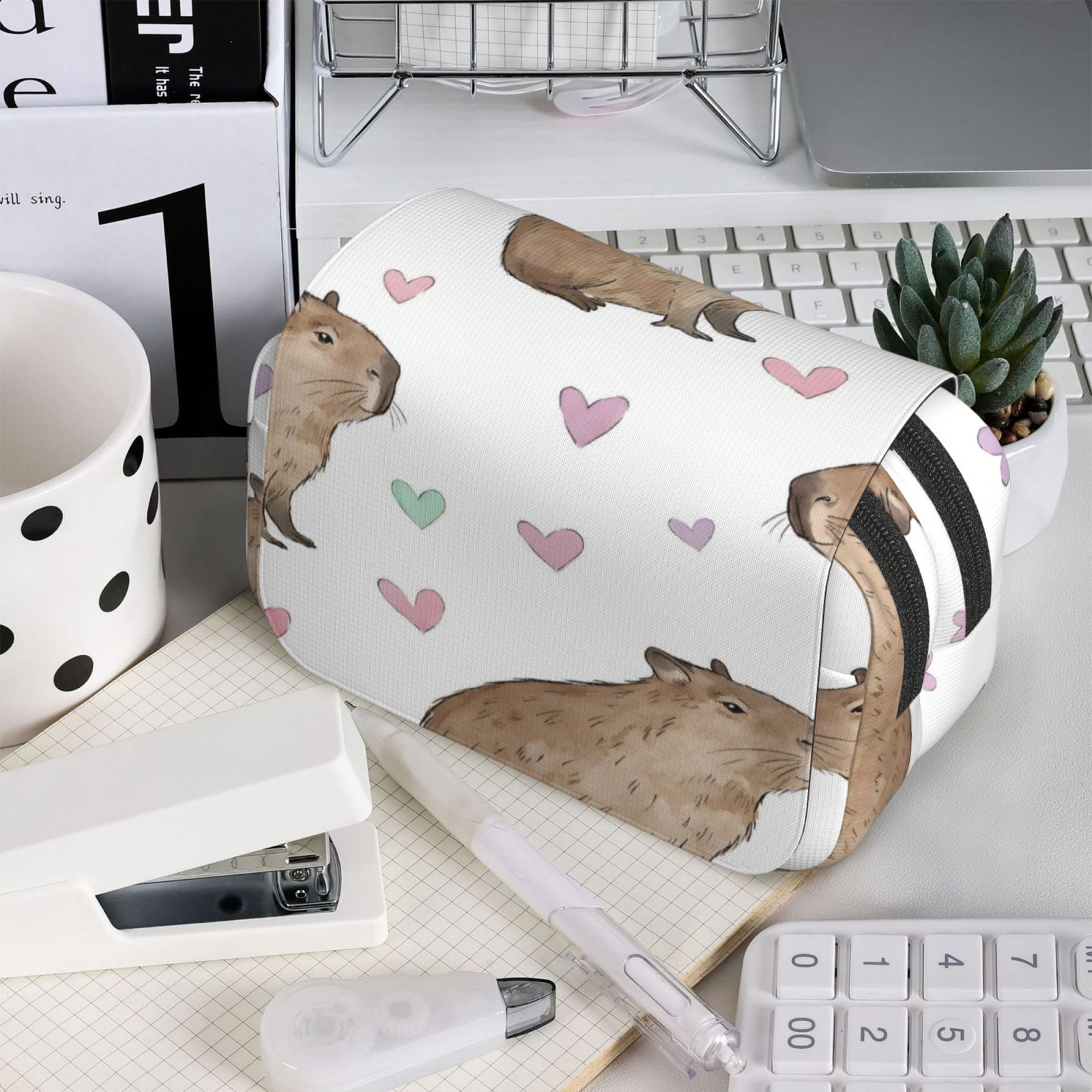 Large-Capacity Flip-Top Double-Layer Pencil Case, Multi-Functional Pocket Pen Case, Durable Stationery Organizer Capybara Heart Pattern (3)