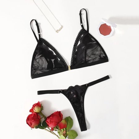 

B91xZ Lingerie For Women Womens Lace Unwired Bra Thong Three Point Lingerie Set Rhinestone Body Stockings for Women Black S
