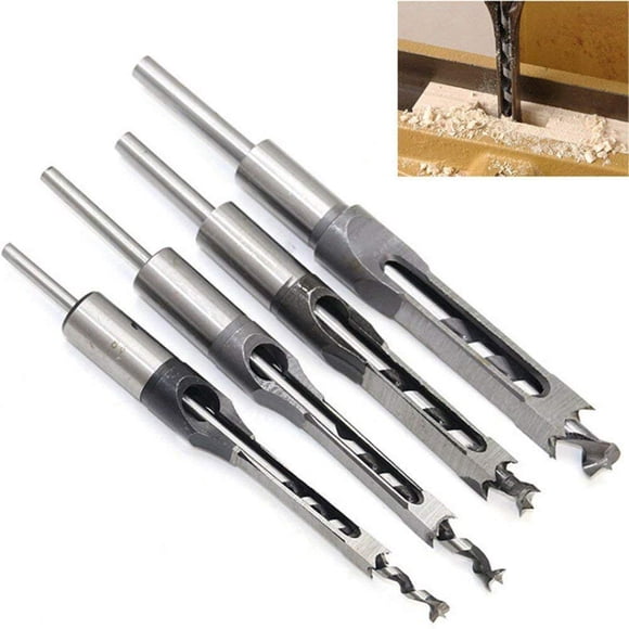 MEISO 4Pcs Woodworking Square Hole Drill Bits Wood Mortising Chisel Set Mortise Chisel Bit Kits Woodworking Hole Saw Sets with Twist Drill DIY Mortis