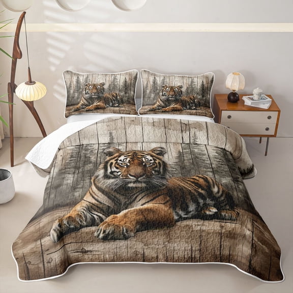 Erosebridal Vintage Wood Tiger Twin Quilt Set for Boys Men, Pine Tree Print Twin Coverlet Set, Brown Beige, 2 Pieces