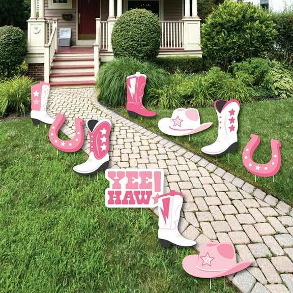 Big Dot of Happiness Rodeo Cowgirl - Cowboy Boots, Hat, and Horseshoe Lawn Decorations - Outdoor Pink Western Party Yard Decorations - 10 Piece