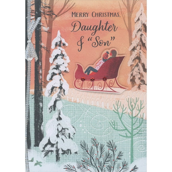 Designer Greetings Couple in Dark Red 3D Die Cut Sleigh, Vertical Silver Ribbon and Snow Covered Trees Hand Decorated Christmas Card for Daughter and 'Son'