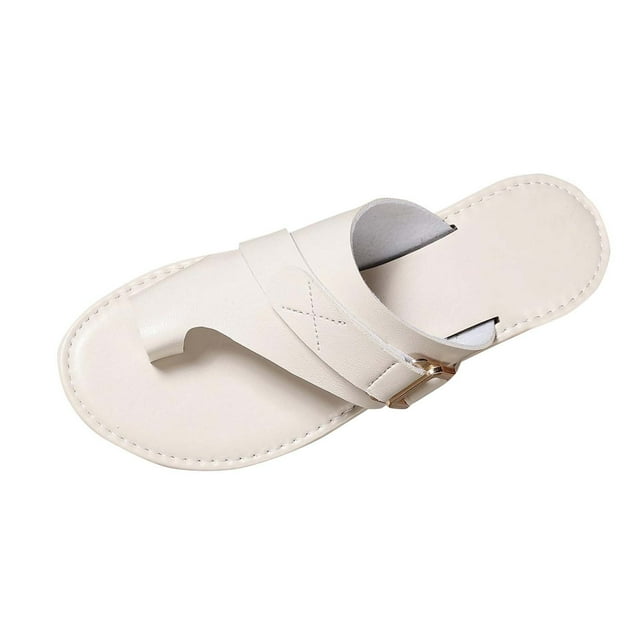 Slide Sandals for Women Flat Toe Ring Buckle Decor Leather Non Slip Beach Summer Sandals Beige