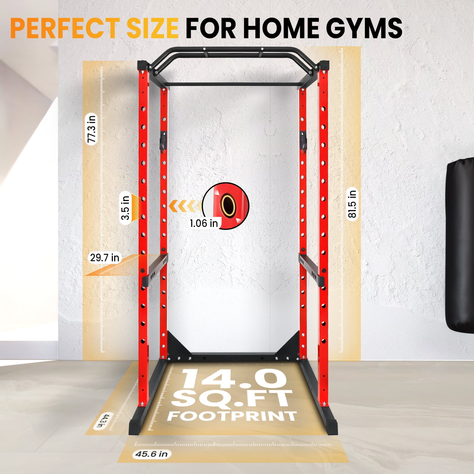 Red Adjustable Power Cage, 1200 LBS Capacity Multi-Functional Squat Rack with 14 Holes, J-Hooks and Anti-Slip Base for Home Strength Training