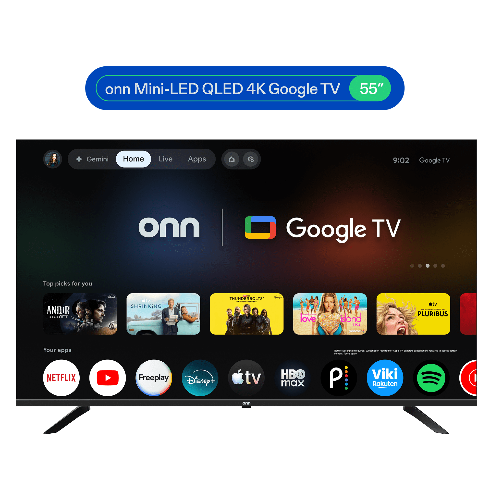onn 55 in Mini-LED QLED 4K UHD Smart Google TV, 55SMQP4GSB1