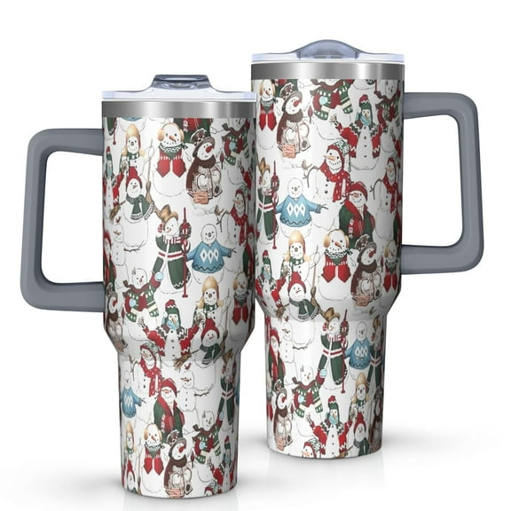 White Christmas Snowman Pattern Tumbler with Handle and Lid,40oz Double Wall Vacuum Insulated Tumbler,Cups Gift for Women and Men