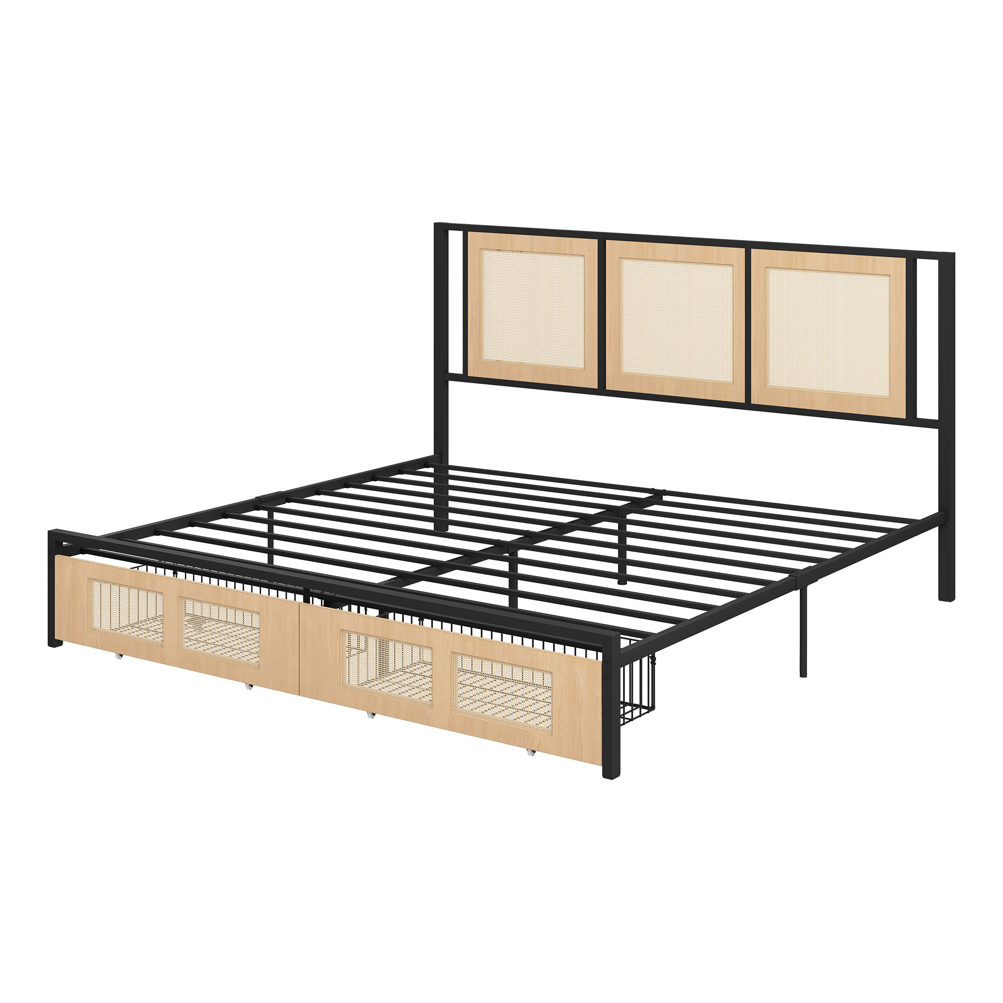 ModFusion- Modern King Size Bed Frame with Hand-Woven Rattan Design, Dual Storage Drawers, and Noise-Free Metal Slat Support, Easy Assembly , Brown