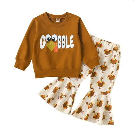 

Kids Clothing Toddler Girls Thanksgiving Winter Long Sleeve Letter Prints Tops Turkey Flared Pants 2Pcs Outfits Clothes Set