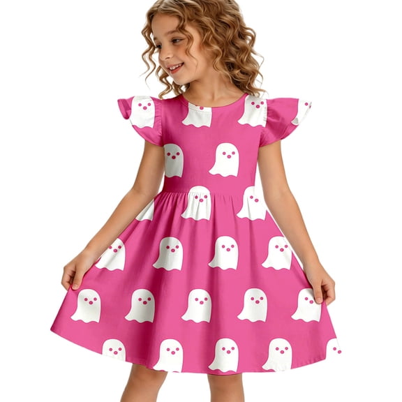 Abcomgle Little Girls Halloween Dresses Funny Boo Ghost Graphic Midi Dress for Girls Cute A-Line Flutter Sleeve Dresses for Girls Crewneck Fall Swing Dresses