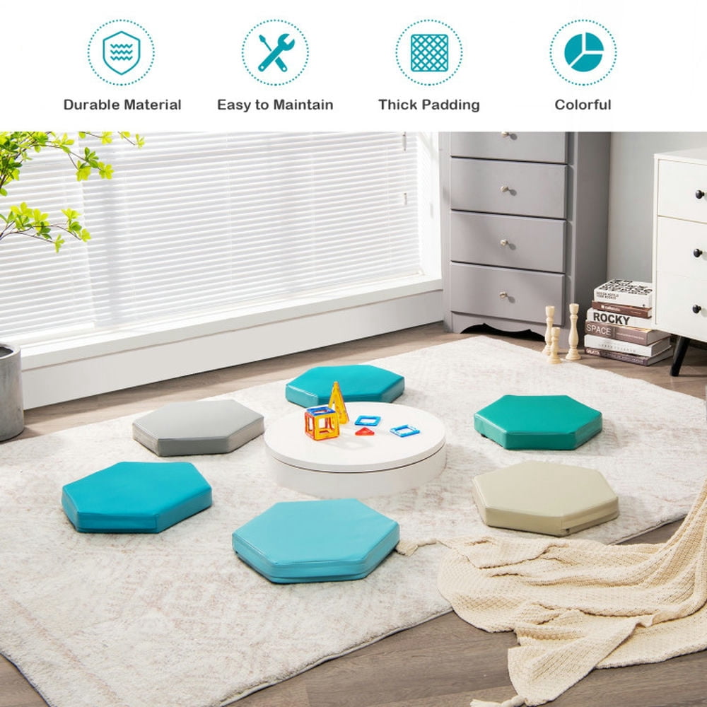 Spaco 6 Pieces Multifunctional Hexagon Toddler Floor Cushions Classroom Seating with Handles-Blue, Kids Couch for Kids