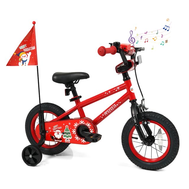 Costway 12" Kids Bicycle with Training Wheels, Handbrake & Coaster Brake, Flag & Music