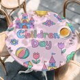 thumbnail image 4 of Children's Day Round Tablecloth 36-44 Inch Round Fitted Table Cloth with Elastic Edge, Airplanes Sailing Boats Tree Cartoon Pink Waterproof Table Cover Protector for Outdoor Picnic Party Dining, 4 of 9
