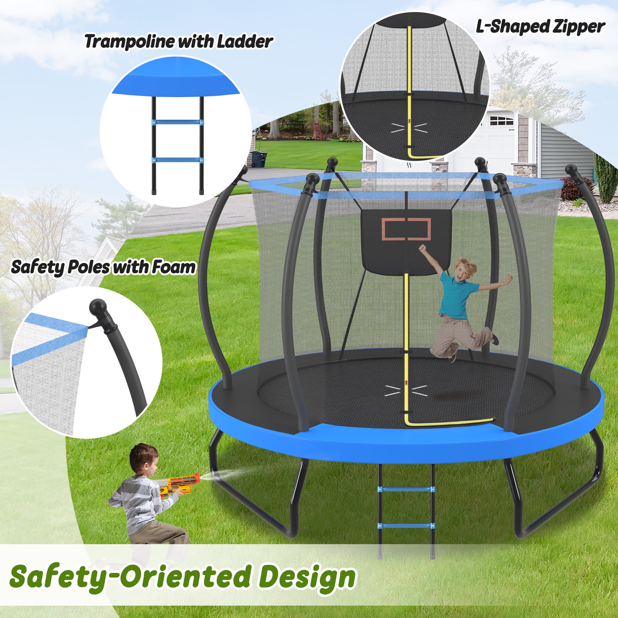 Leumius 10FT Trampoline for Kids,Outdoor Round Trampoline with Safety Enclosure Net and Basketball Hoop,Easy Assembly,