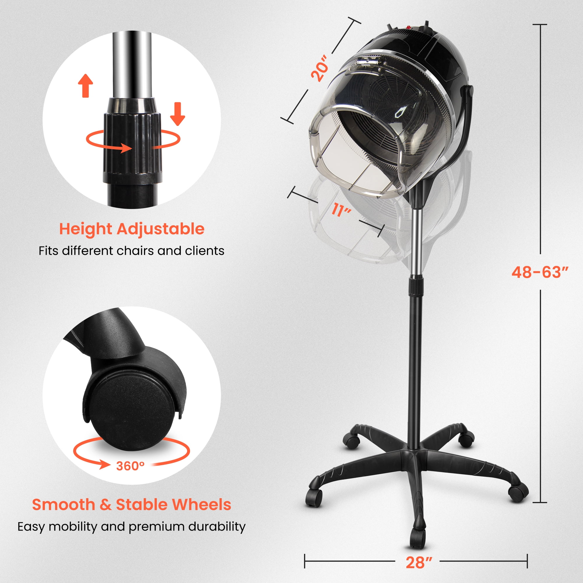 TASALON Professional Hooded Bonnet Hair Dryer Stand with Adjustable Timer, Rolling Wheels - Portable Floor Standing Dryer for Home Salon & Beauty Spa Equipment​