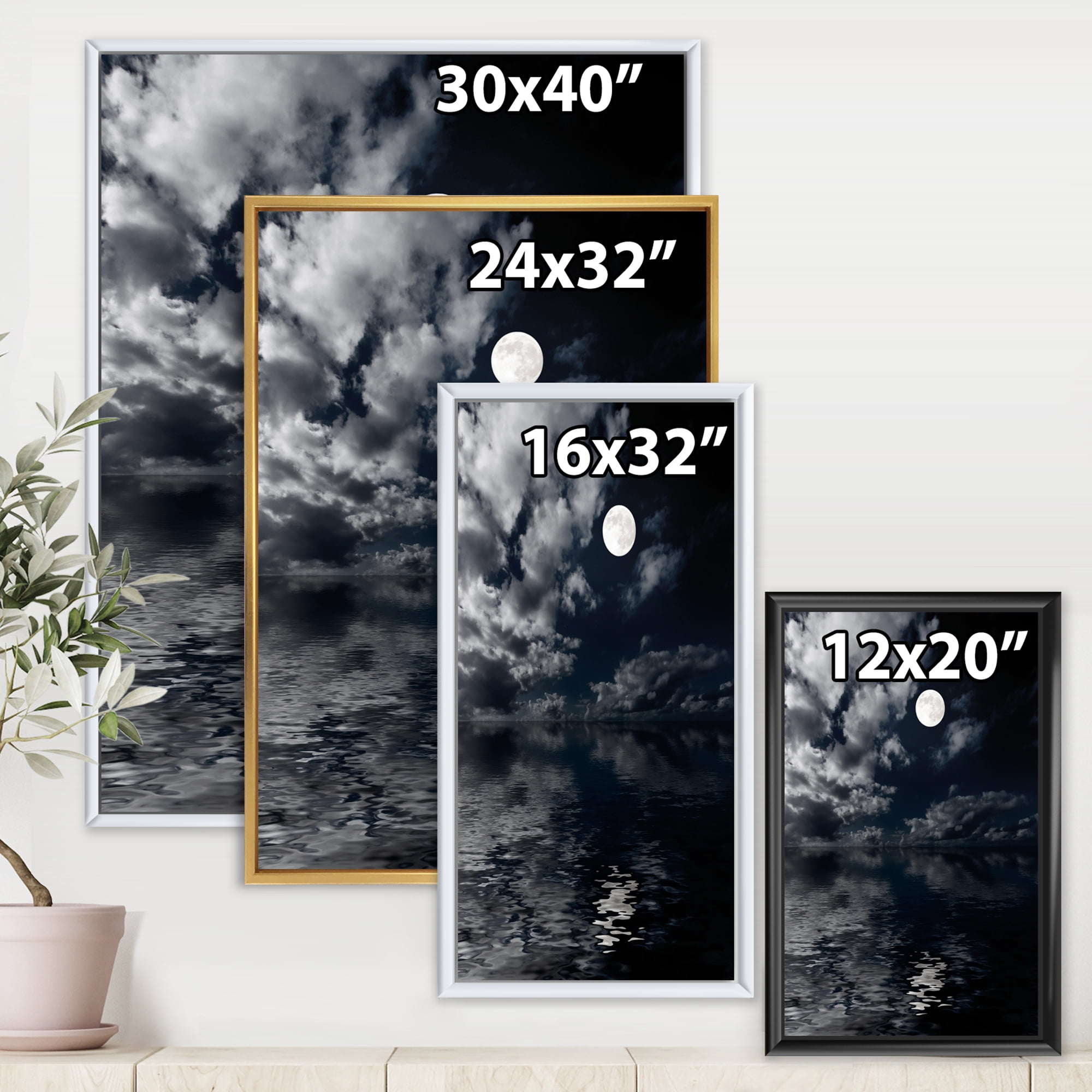 Designart 'Full Moon Night in Cloudy Sky IV' Nautical & Coastal Framed Canvas Wall Art Print