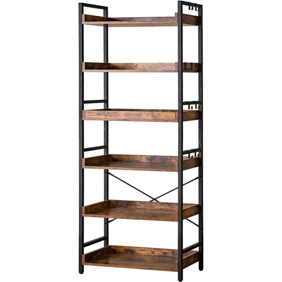 Adjustable 6 Tier Open Bookcase, Rustic Farmhouse Book Shelves, Industrial Wood and Black Metal Bookshelves, Mid Century Bookcase for Home Office Living Room Bedroom