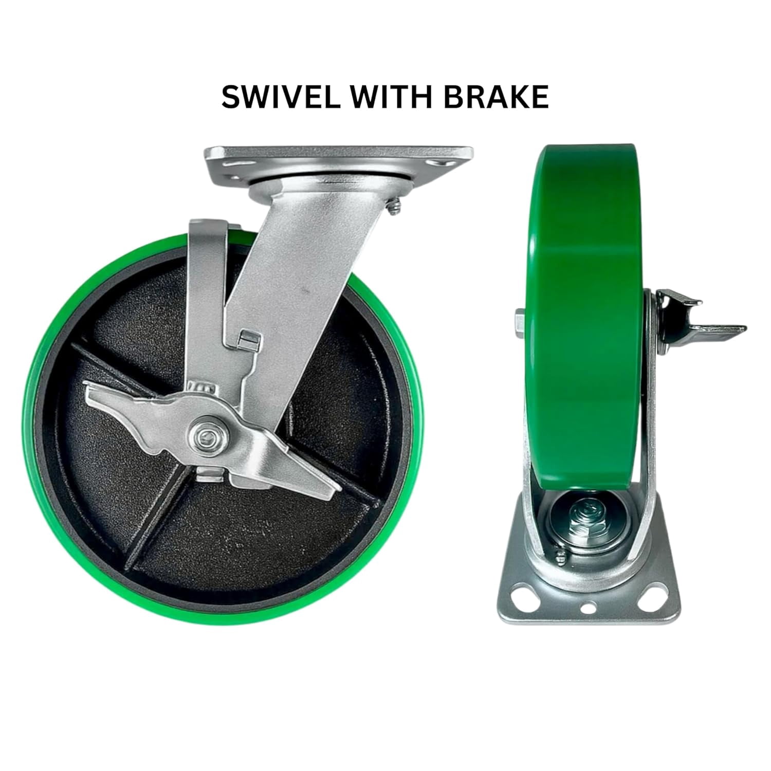 8 Inch Heavy Duty Caster Set Polyurethane on Cast Iron Wheels 4 Swivel with Brake Green