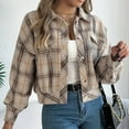 thumbnail image 5 of Arlun Cropped Flannel Plaid Shacket Jackets for Women Long Sleeve Button down Lapel Coats 2025 Autumn Winter Trendy Pockets Design Lightweight Comfort Outerwear Khaki XL, 5 of 8