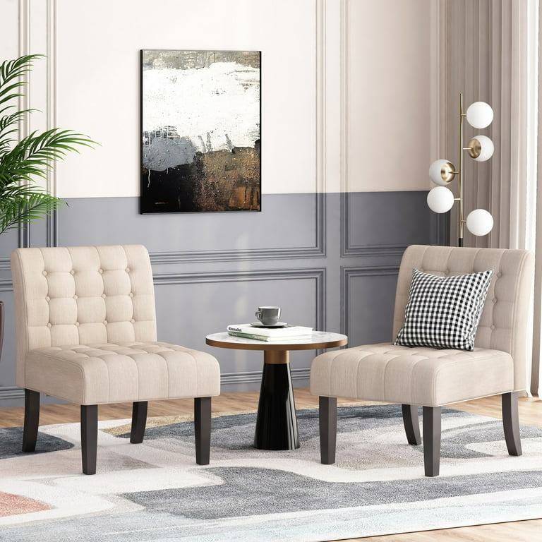 Beige Fabric Accent Chair Set of 2, Living Room Bedroom