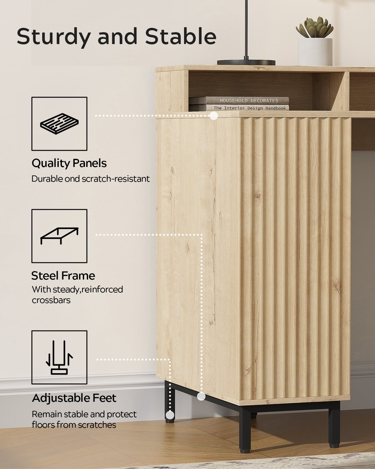 EYYTHUNG 55" Fluted Executive Desk with Charging Station, Modern Wood Home Office Desk with Storage Shelf & File Drawer, Writing Study Computer Table for Work Study, Light Oak
