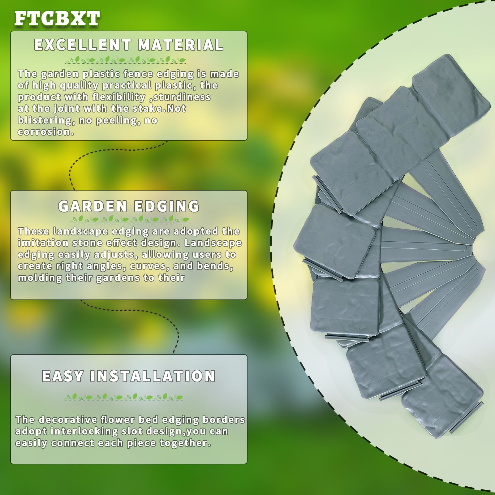 FTCBXT Edging for Landscaping,Landscape Edging Border, 16 Ft Plastic Garden Edging Border, Imitation Stone Fence for DIY Outdoor Yard Landscaping (20 Pcs, Gray)