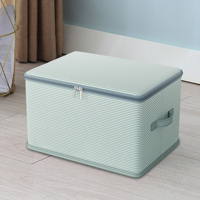 Caja de almacenamiento de ropa doble cremallera sin tejida con tapa | Gran organizador plegable para armario de armario | Tela azul a rayas | Solución de almacenamiento resistente | 1pc | 45x35x25cm