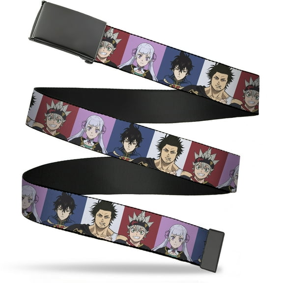 Adjustable Belt, Clamp Buckle, Cut-to-Fit, Black Clover Four Character Pose Blocks Multi Color