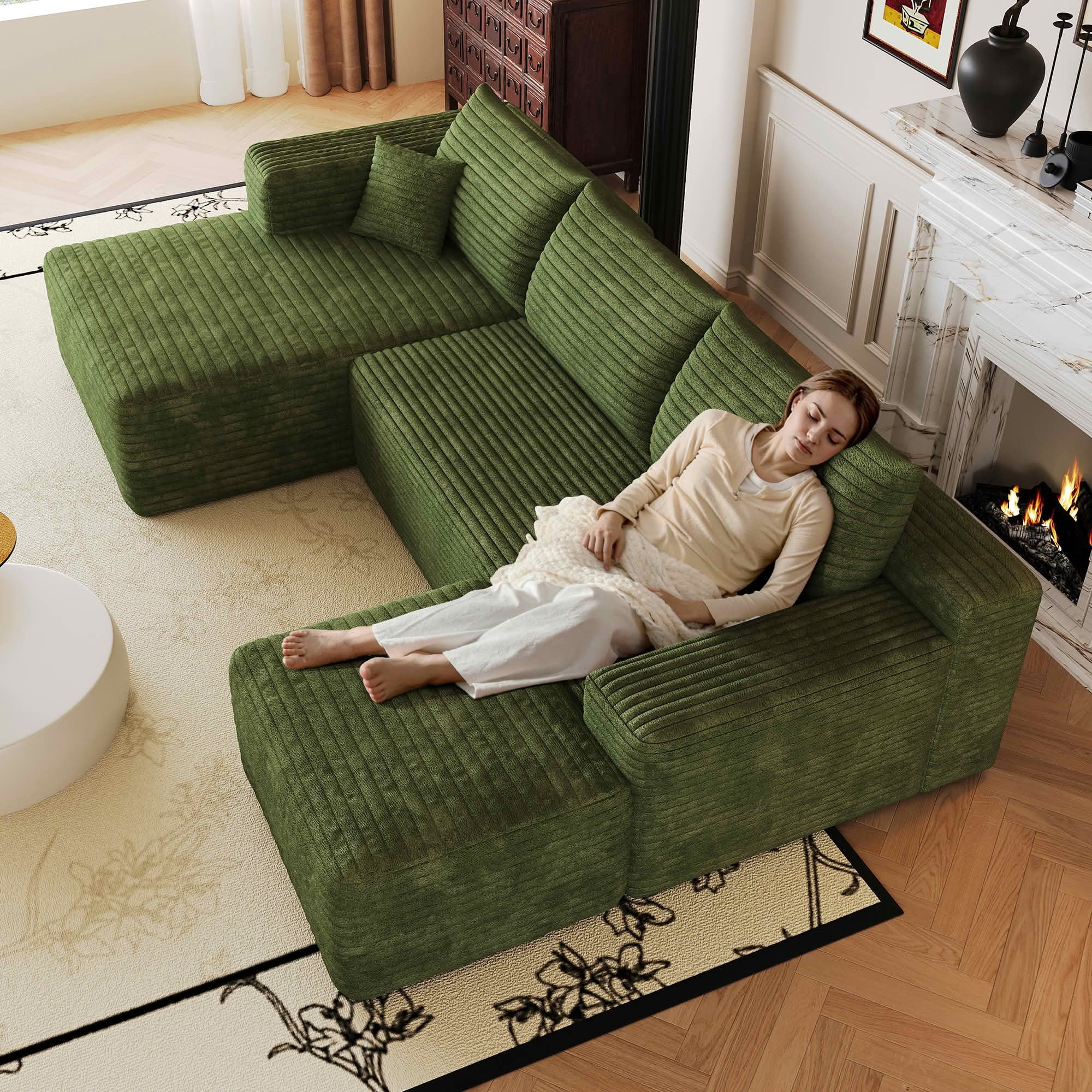 MAYEERTY 103 Inch Cloud L Shaped Sectional Sofa, Plush Corduroy Deep Seat Corner Couch, No Assembly Modern Minimalist Sofa for Living Room Apartment
