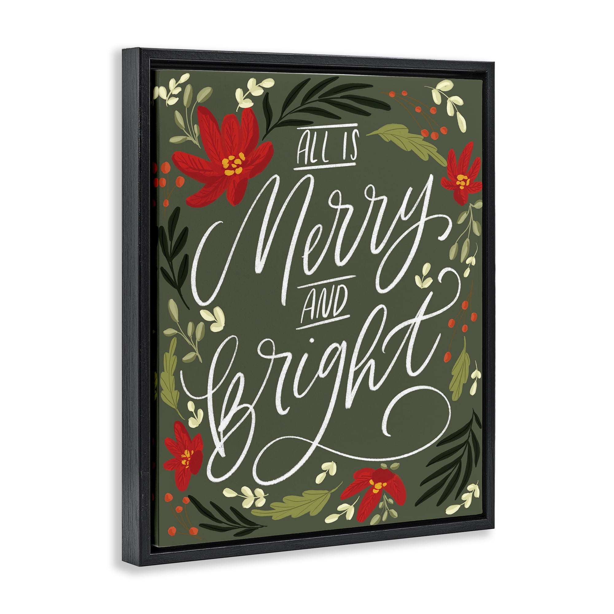 Stupell Industries Floral Merry and Bright Holiday Painting Black Floater Framed Canvas Art Prints Wall Art, 17 x 21