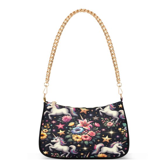 Ryvnso Unicorns and Flowers Womens Chain Shoulder Bag Tote Handbags Clutch Hobo Purse with Zipper for Travel