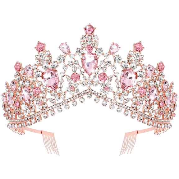 Crystal Wedding Tiara for Women Pink Tiara Princess Tiara Headband Pink Crown Royal Queen Crown Metal Tiara Quinceanera Crown Headpieces for Birthday Prom Halloween Costume Party