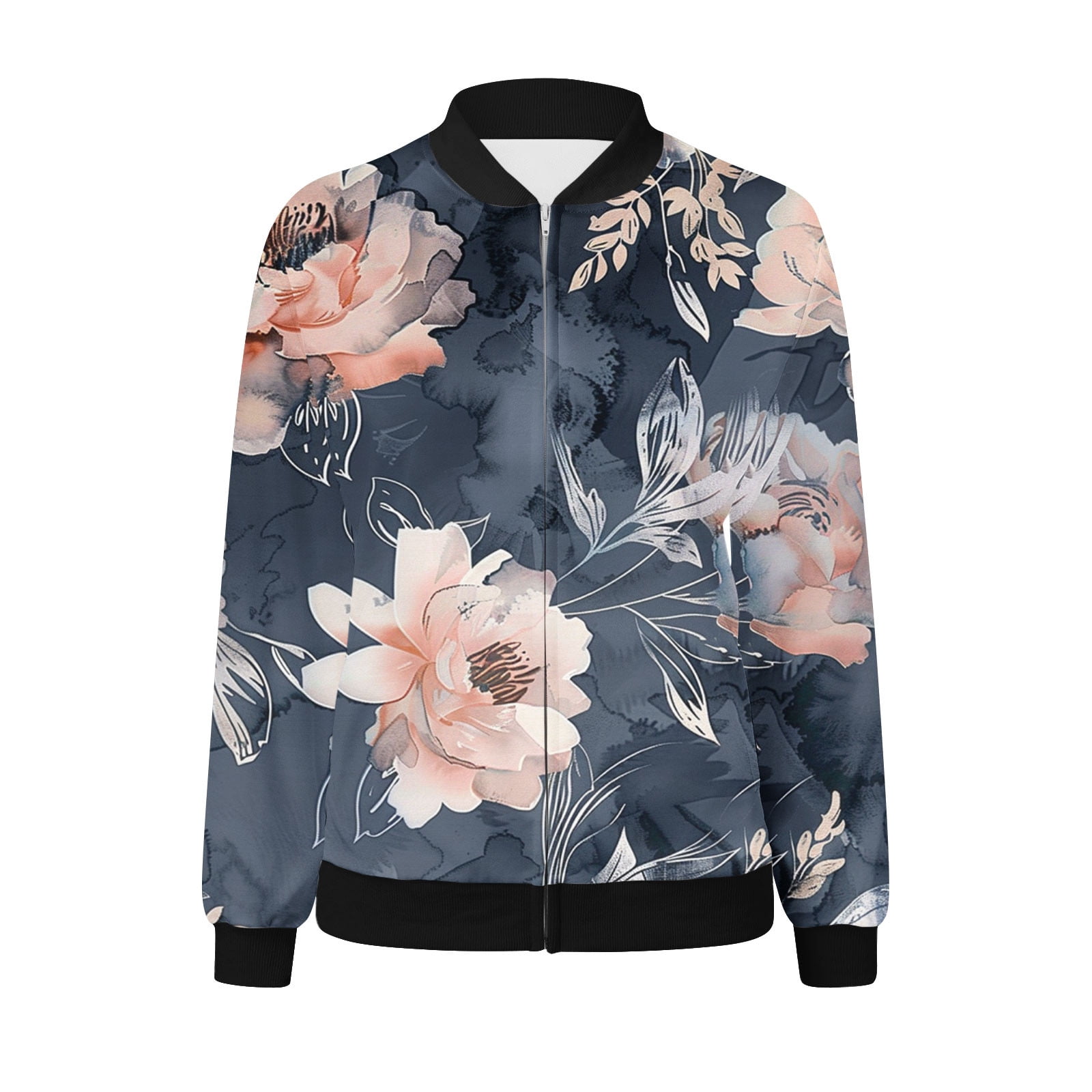 Olyvenn Womens Floral Bomber Jacket 2024 Casual Coat Fall Fashion Lightweight Zip Up Long Sleeve Outerwear Windbreaker with Pocket Khaki XXXXL