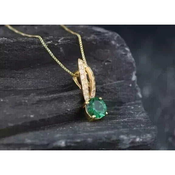 2.10Ct Lab Created Round Cut Green Emerald Pendant 14k Yellow Gold Plated 18"