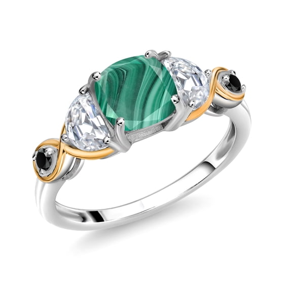 Gem Stone King 925 Silver and 10K Yellow Gold 3-Stone Ring Cushion Malachite Half Moon Moissanite and Black Diamond (2.17 Carat Cttw) (Size 8)