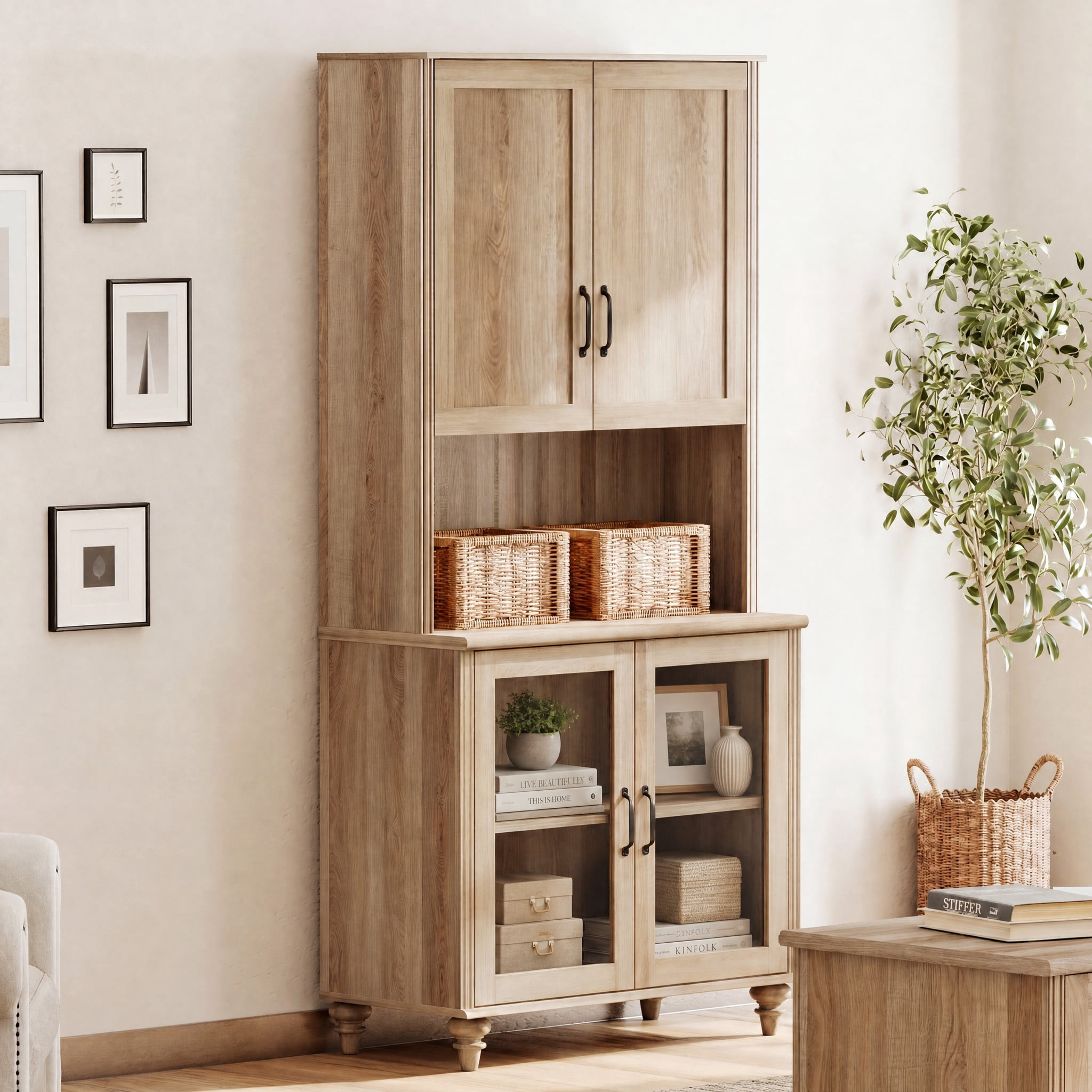 Oak 5-Tier Bookcase with Adjustable Shelf, Farmhouse Library Wooden Bookshelves for Living Room, Office, Study Room