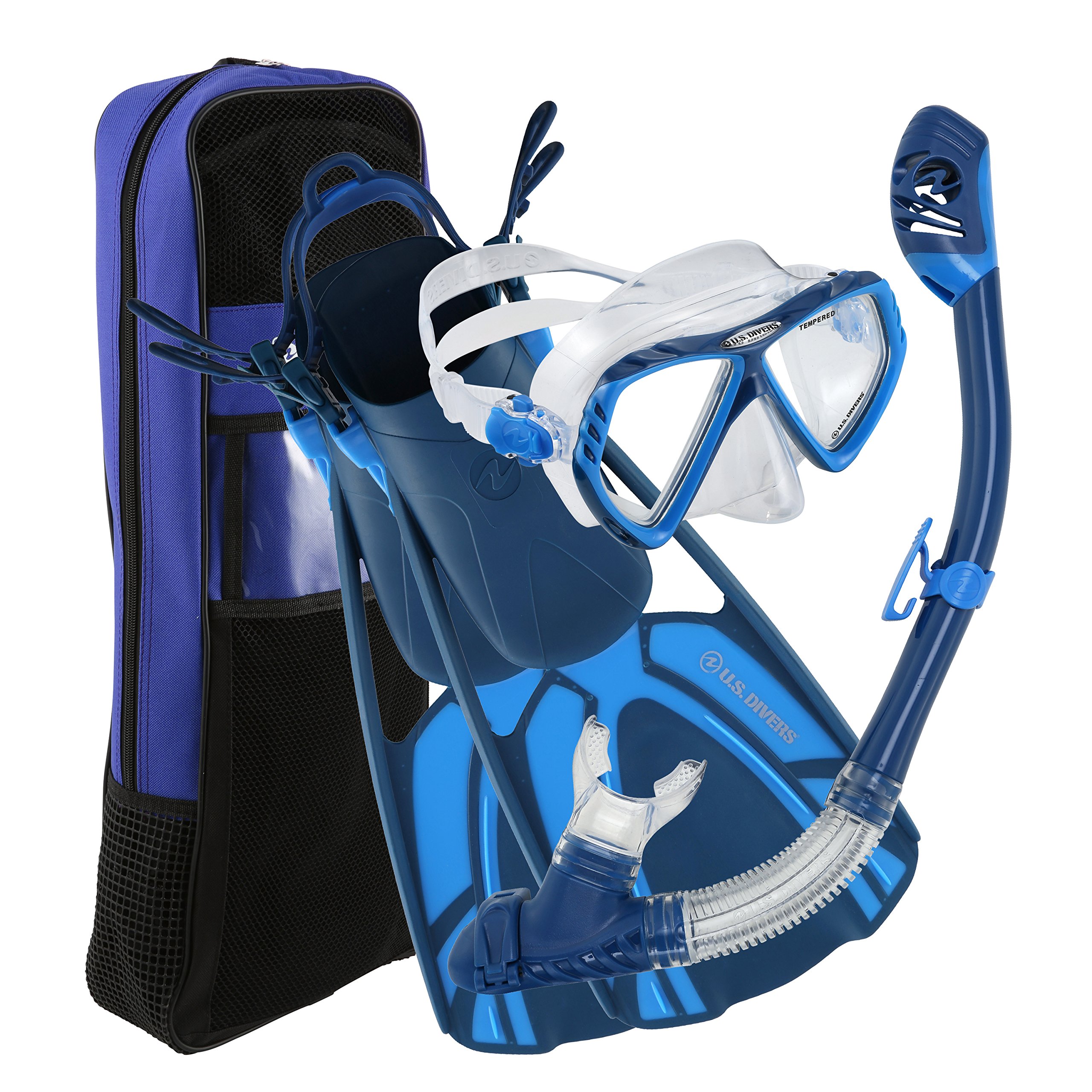 Aqua Lung Flippers Mask U.S Divers Adult Silicone Snorkel Set w// Travel Bag