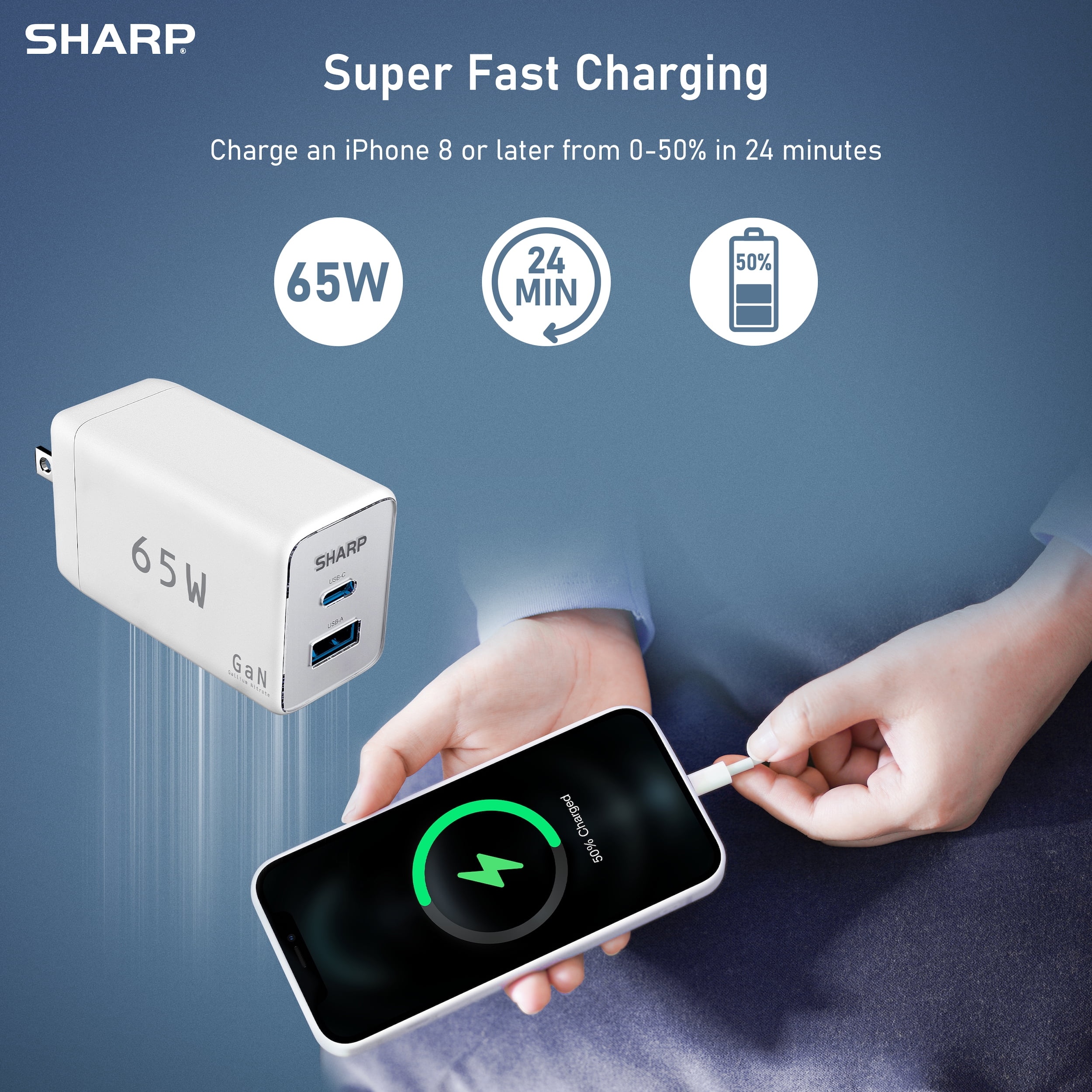 Sharp USB C Charger, 65W, 2 Port (USB A+C), Compact Foldable GaN Fast Charge for MacBook Pro/Air, iPad Pro, Galaxy S23, Dell XPS 13, Note 20/10+, iPhone 15/Pro, and More - White, G451A1CU-WHT