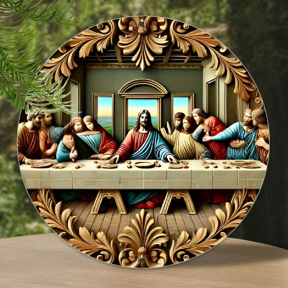 Room Decor 1pc, Last Supper Round Aluminum Sign, 8x8 inches, Classic Religious Art Wreath, Decorative Wall Hanging for Home, Farmhouse, Door, Kitchen, Dining Room Decor