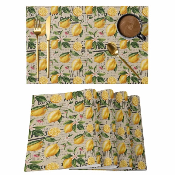 Yellow Lemon Placemats Set of 8, Brown Vintage Summer Fruit Watercolor Placemats for Dining Table, Place Mats for Kitchen Tabletop, Waterproof Wipeable Dining Table Mats Set