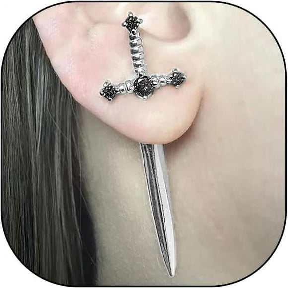 shiyou-Gothic Sword Earrings Rhinestone Dagger Earrings Black Retro Sword Screw Earrings Cubic Zirconia Punk Sword Earrings Front Back Stud Earrings for Women Girl