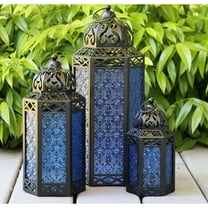 Moroccan Candle Lantern Decorative Set of 3 for Floor, Ramadan Decorations, Indoor Home Decor, Outdoor Patio or Porch, Weddings, Cobalt