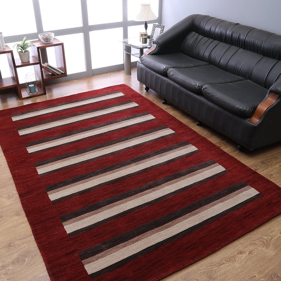 Rugsotic Carpets Hand Knotted Wool Area Rug 5'x8' Red Brown Contemporary Rectangle Indoor Rug for Living Room, Bedroom Antimicrobial L00904