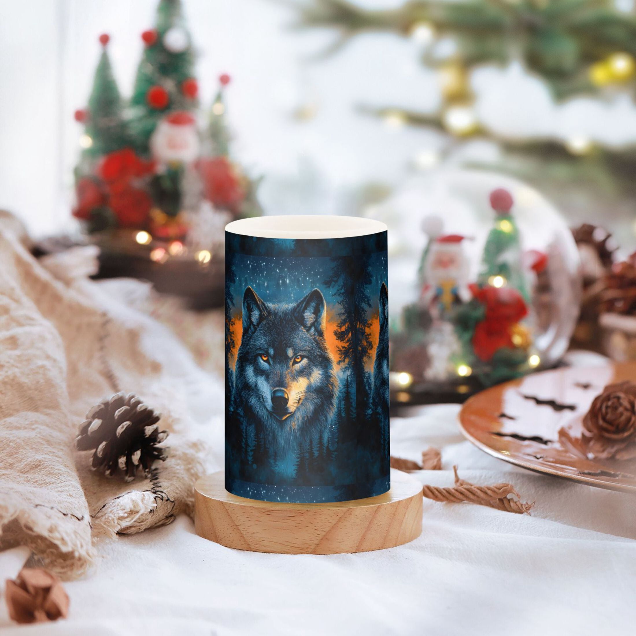 Wolf Flickering Flameless Candles Battery Operated with Remote Timer LED Pillar Candles Set of 2